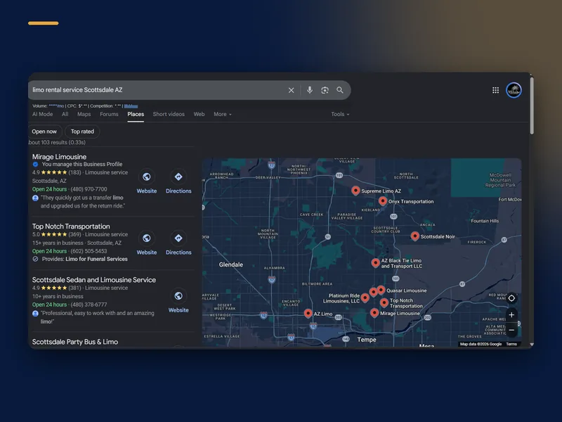 Mirage Limousines: All 12 Tracked Map-Pack Keywords in the Top Five case study