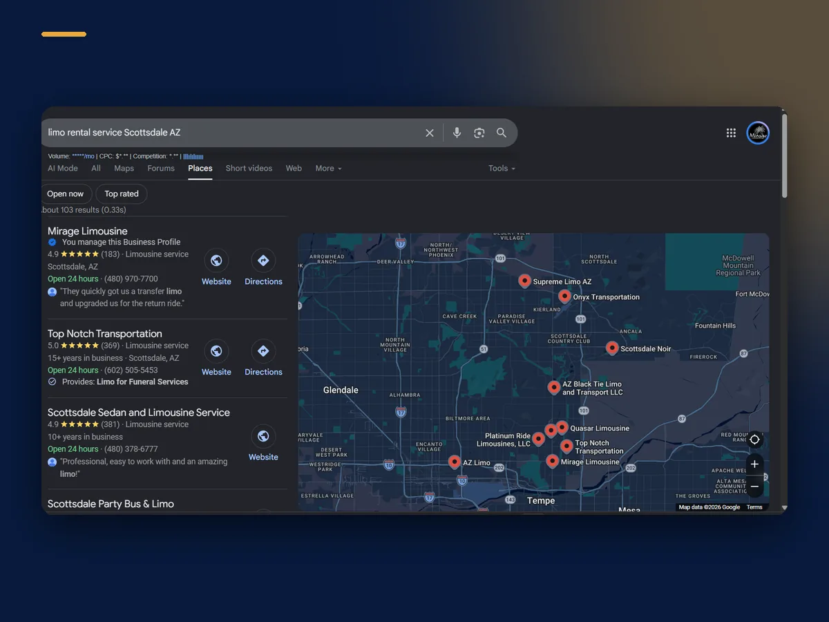 Mirage Limousines: All 12 Tracked Map-Pack Keywords in the Top Five results