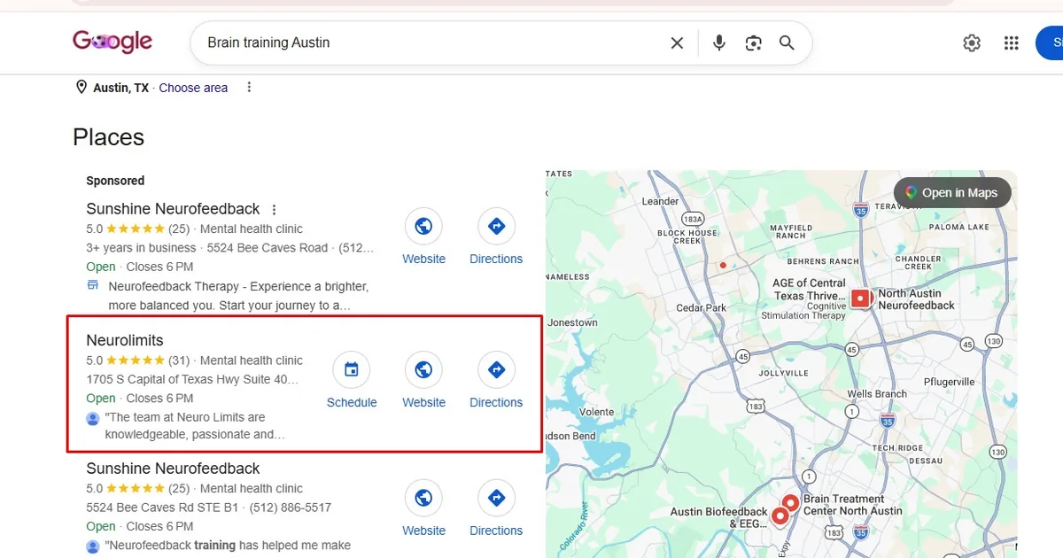 NeuroLimits in Google's local results for "Brain training Austin".